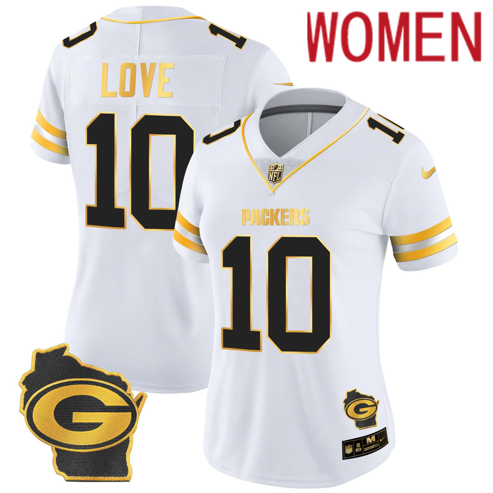 Women Green Bay Packers 10 Love White Gold 2024 Nike Home Patch Vapor NFL Jersey